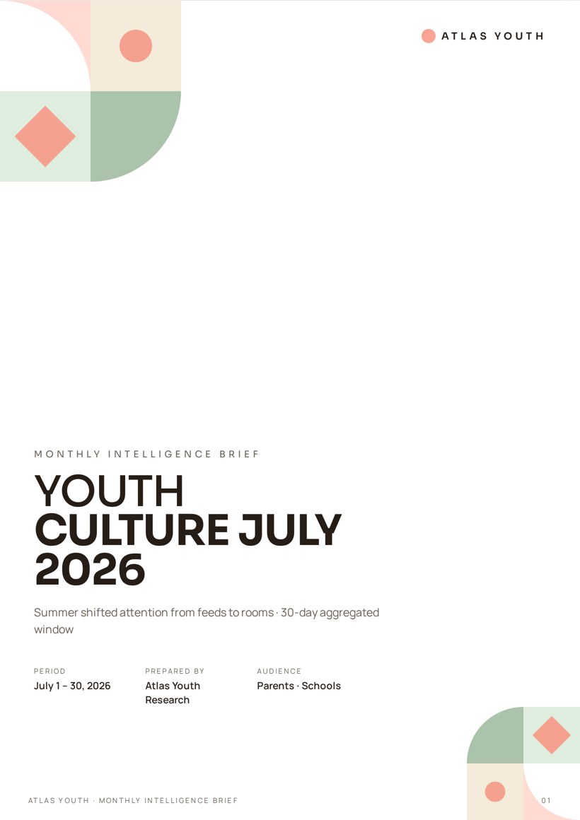 Cover of the Atlas Youth Youth Culture — July 2026 intelligence brief