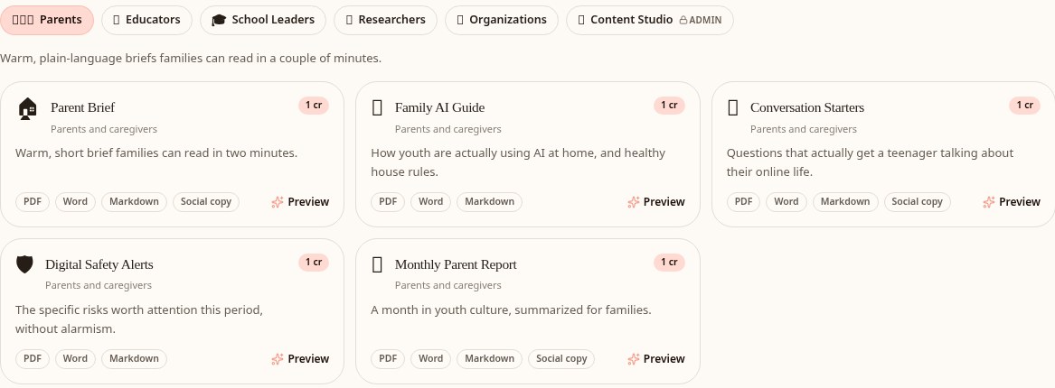 Atlas Youth Report Center showing report templates with PDF, Word and Markdown export options
